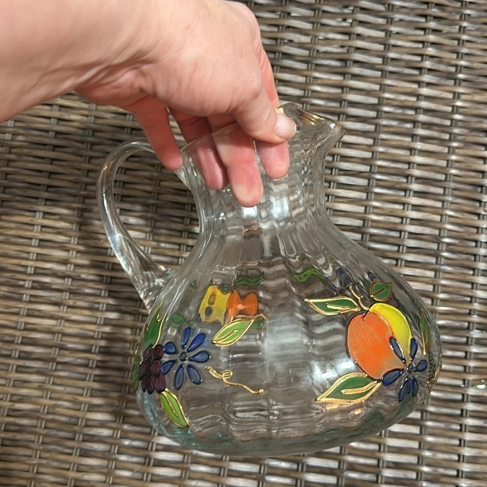 ‘Crystal Clear’ Pitcher - Hand Painted Fruit And Flowers, 22k Gold Painted Rim - Picture 2 of 5